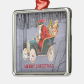 サンタがあなたの町のプレミアムSqオーナメントに運転している メタルオーナメント (左)