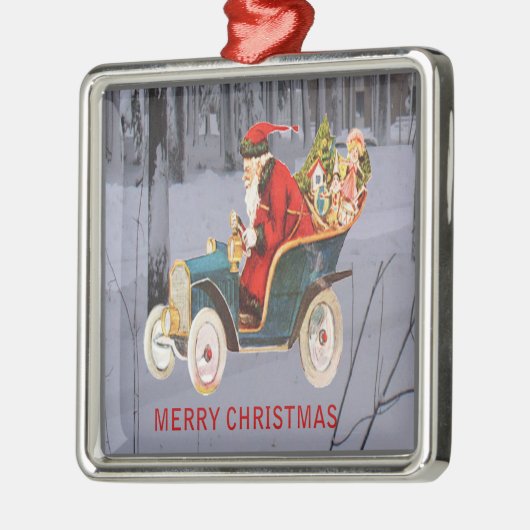 サンタがあなたの町のプレミアムSqオーナメントに運転している メタルオーナメント (左)