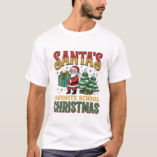 サンタがお気に入りの学校のクリスマスデザイン Tシャツ (正面)