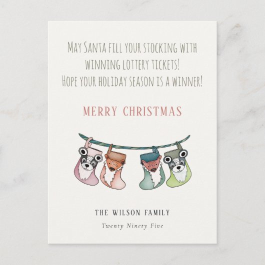 サンタがくれたクリスマスプレゼントはなんと宝くじだらけの靴下！ シーズンポストカード (正面)