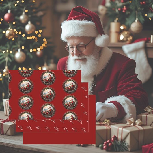 サンタがそりのグリーティングカードに ラッピングペーパーシート