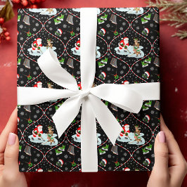 サンタがアイスホッケーをするクリスマスパターン ブラック ラッピングペーパー