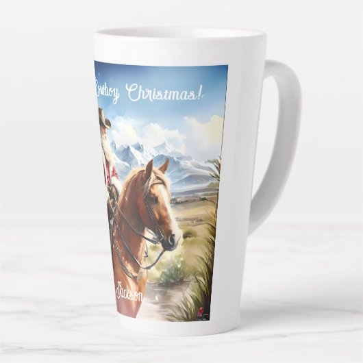 サンタがカウボーイハットを着て乗馬 カフェラテマグ (右アングル)