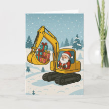 サンタがギフトを積んだ掘削機を運転するクリスマスカード