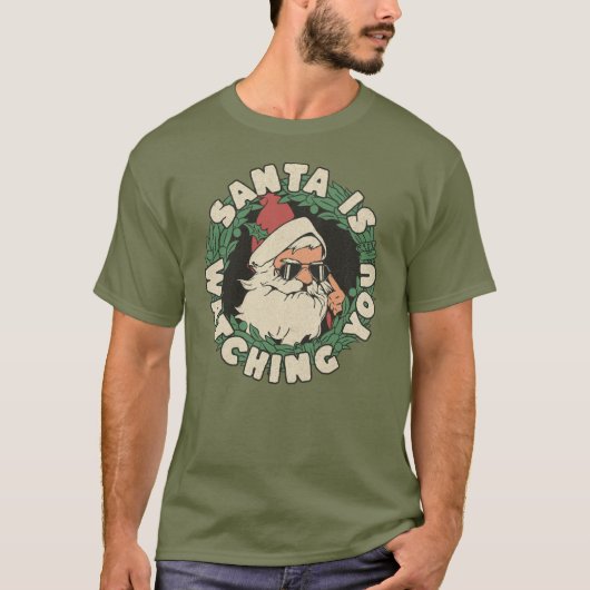 サンタがクリスマスおもしろい休暇を見ている Tシャツ (正面)