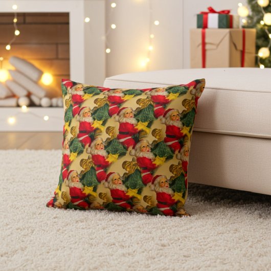 サンタがクリスマスの木に鈴と弓を付ける クッション