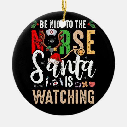 サンタがクリスマスを見ているナースに優しい セラミックオーナメント (正面)