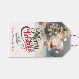 サンタがクリスマスツリーを飾るホリデーギフトタグ ギフトタグ
