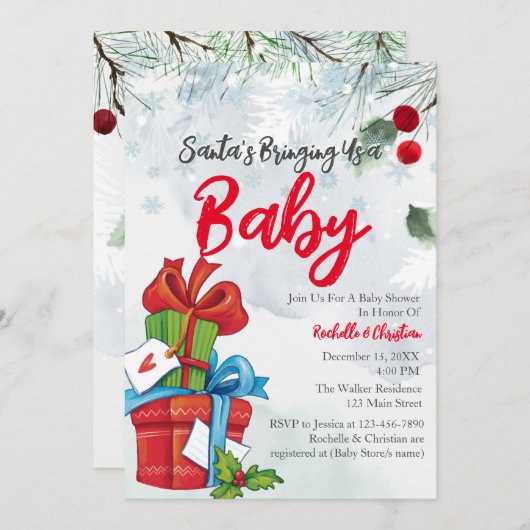 サンタがクリスマスプレゼントをベビーに 招待状 (正面/裏面)