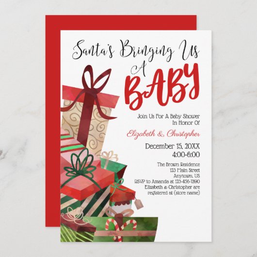 サンタがクリスマスベビーシャワーをベビーに 招待状 (正面/裏面)