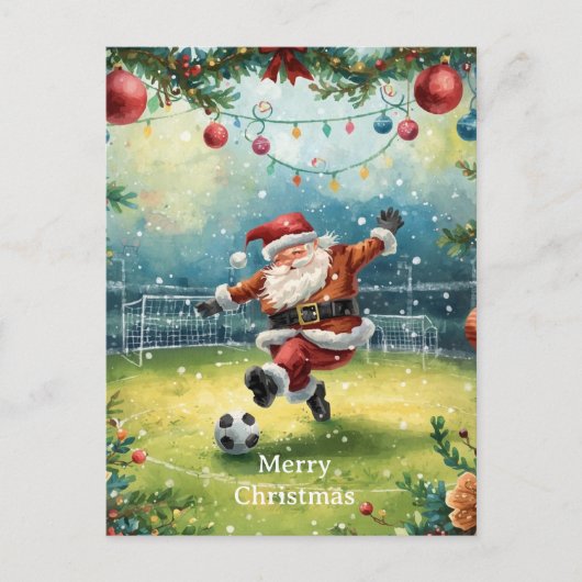 サンタがサッカーをプレイするクリスマスホリデー シーズンポストカード (正面)