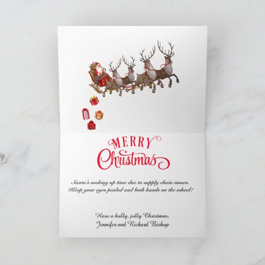 サンタがサプライチェーンを持つクリスマスホリド シーズンカード (内部)