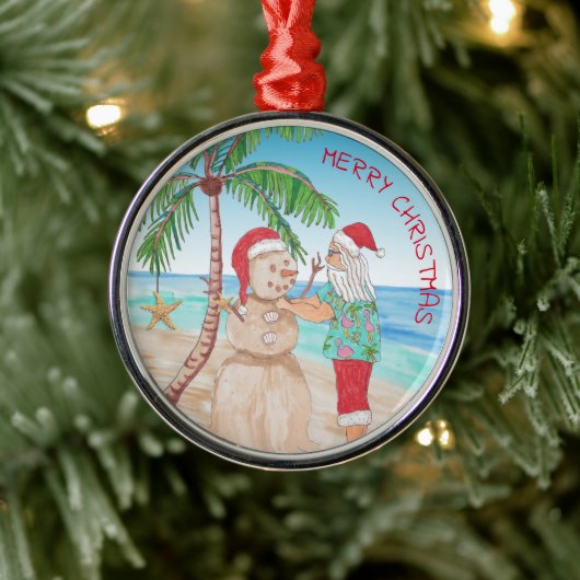 サンタがサンディと一緒にビーチで雪だるまを作るクリスマス　雪の代わりに砂 メタルオーナメント (ツリー)