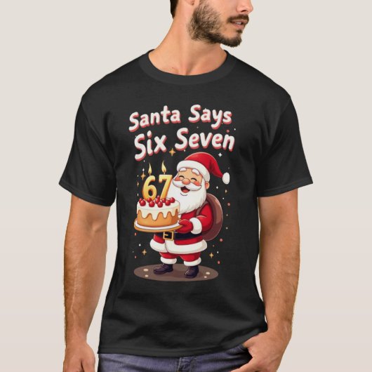 🎅サンタがシックスセブンと言うミーム – 面白いサンタのデザイン Tシャツ (正面)