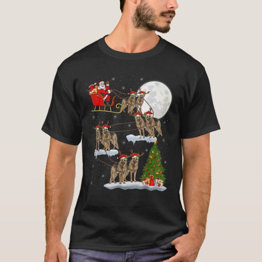 サンタがジャーマンシェパードドッグに乗ったクリスマスツリーライト Tシャツ (正面)