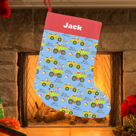 サンタがダンプトラックとブルドーザーに乗って 青 スモールクリスマスストッキング