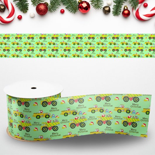 サンタがダンプトラックとブルドーザーに乗る サテンリボン