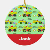 サンタがダンプトラックとブルドーザー・グリーンに乗る セラミックオーナメント (正面)