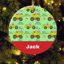 サンタがダンプトラックとブルドーザー・グリーンに乗る