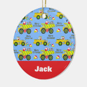 サンタがダンプトラックに乗ってブルドーザー・ブルー セラミックオーナメント (左)