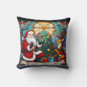 サンタがトナカイにクリスマスツリーで喜びを与える クッション (正面)
