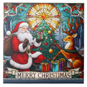 サンタがトナカイにクリスマスツリーで喜びを与える タイル (正面)