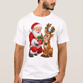 サンタがトナカイにクリスマスプレゼントをあげる Tシャツ