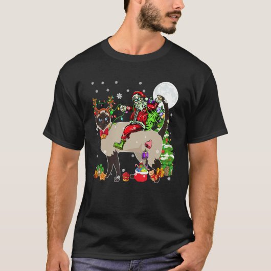 サンタがトナカイに乗るシャム猫のクリスマスツリー Tシャツ (正面)