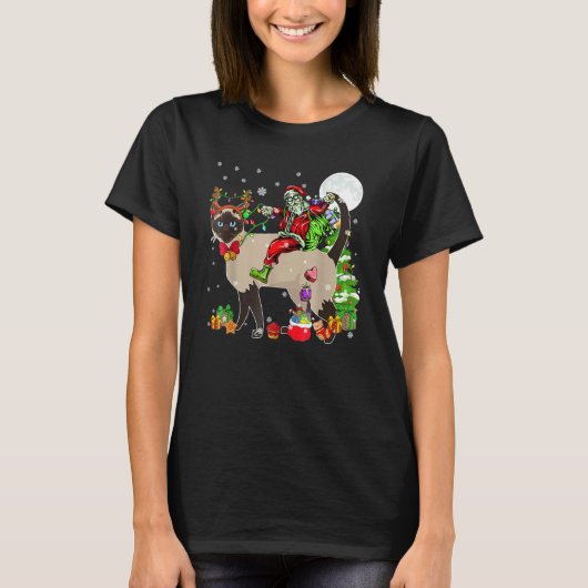 サンタがトナカイに乗るシャム猫のクリスマスツリー Tシャツ (正面)