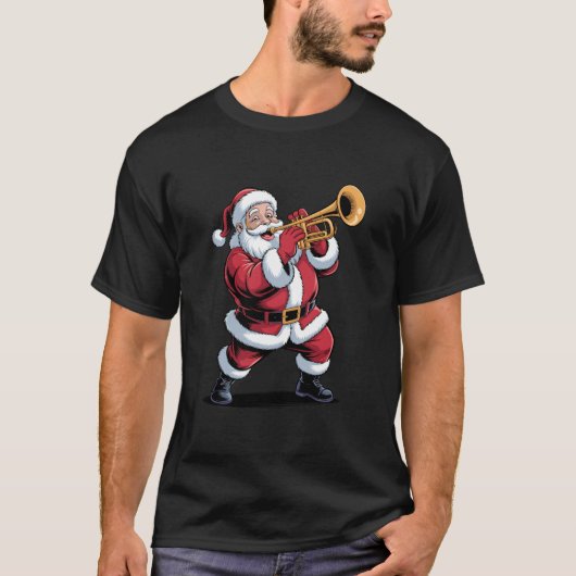 サンタがトランペットを演奏してお祭り騒ぎ クリスマス Tシャツ (正面)
