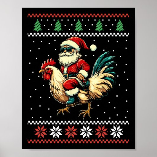 サンタがニワトリに乗ったおかしなクリスマスセーター 農家の人へ ポスター (正面)