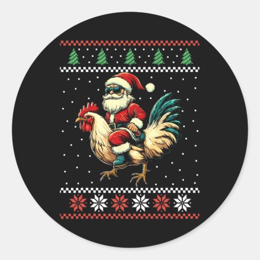 サンタがニワトリに乗るおもしろクリスマスセーター 農家 ラウンドシール (正面)