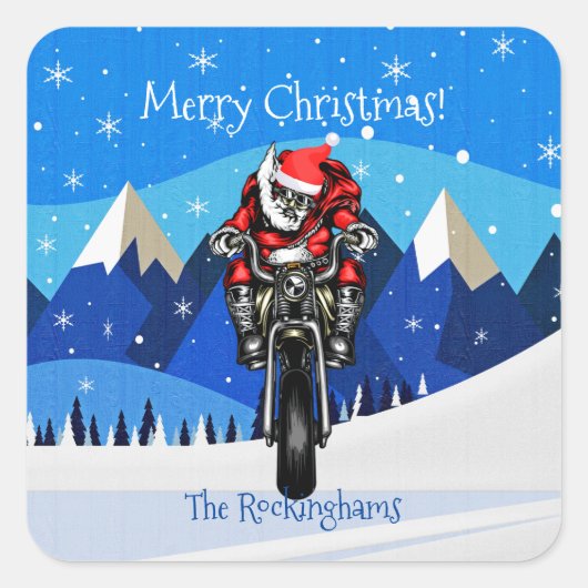サンタがバイクで山のクリスマスに スクエアシール (正面)