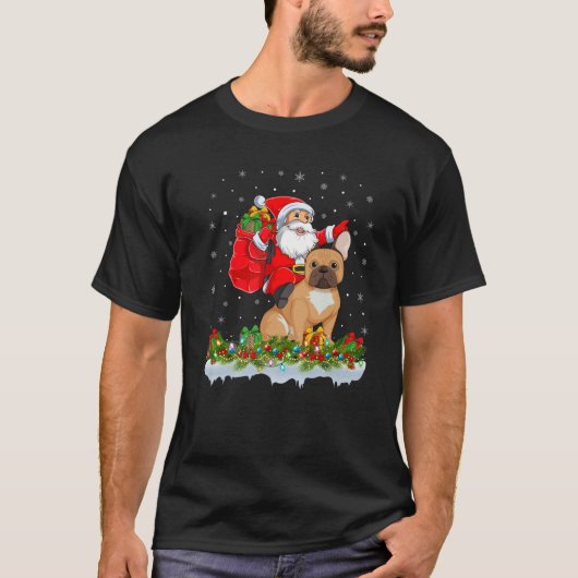 サンタがブルドッグフランスのクリスマスに乗る Tシャツ (正面)