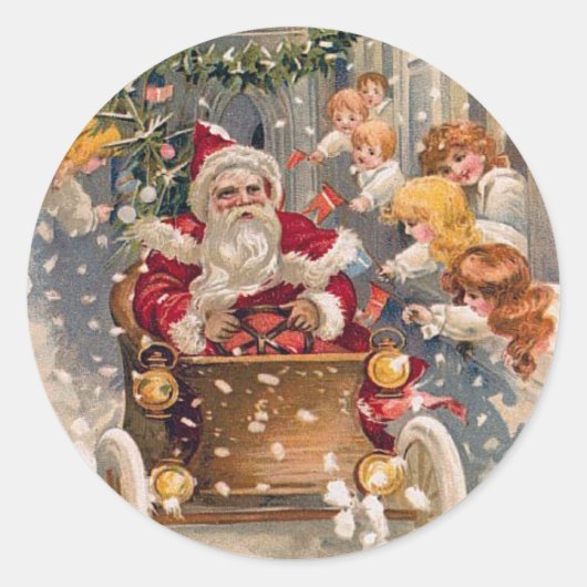 サンタがレースカーのステッカーを運転 ラウンドシール (正面)