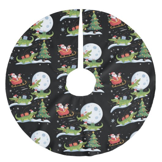 サンタがワニに乗ったクリスマス面白いプレゼント ブラッシュドポリエステルツリースカート (正面)