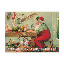 サンタがワークショップで玩具を作るヴィンテージはがき