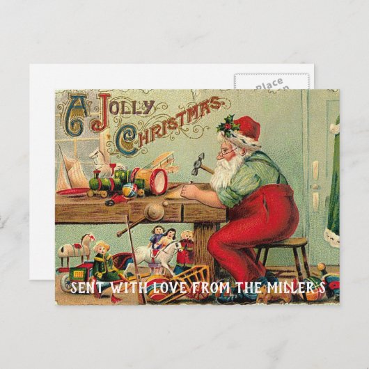 サンタがワークショップで玩具を作るヴィンテージはがき シーズンポストカード (正面/裏面)
