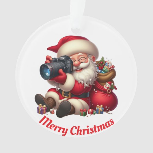 サンタが写真を撮ユニークる オーナメント (正面)