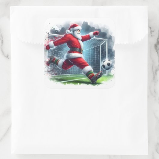 サンタが冬舞台でサッカーボールを蹴る スクエアシール (バッグ)