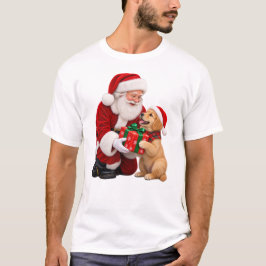 サンタが子犬に初めてのクリスマスプレゼントを贈る Tシャツ