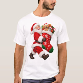 サンタが巨大なクリスマスソックスを持っている Tシャツ
