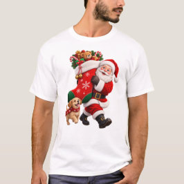 サンタが巨大なクリスマスソックスを持っている Tシャツ