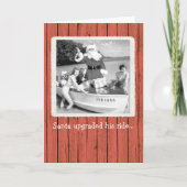 サンタが彼の乗り継ぎクリスマスホリデーカードをアップグレード サンキューカード (正面)