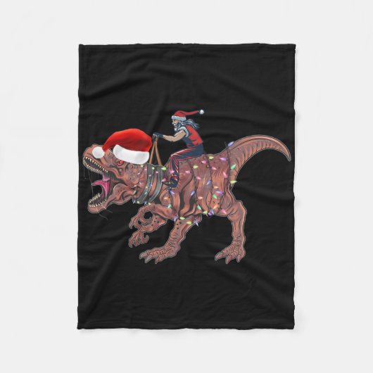 サンタが恐竜に乗るTレックス クリスマス 少年 男性 Xmas フリースブランケット (正面)