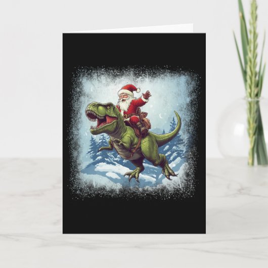 サンタが恐竜ティラノサウルスに乗るおもしろクリスマス カード (正面)