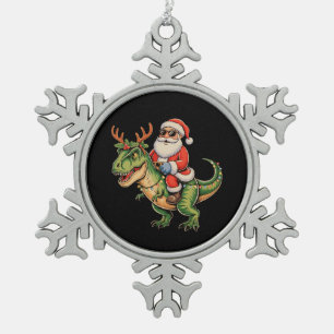 サンタが恐竜ティラノサウルスに乗るクリスマス レトロ クリスマス スノーフレークピューターオーナメント