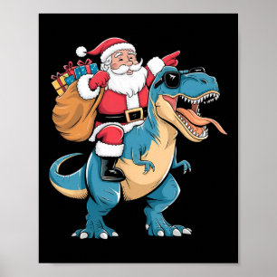 サンタが恐竜 ティラノサウルスに乗る クリスマス 少年 男性 ギフト ポスター