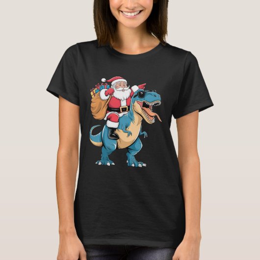 サンタが恐竜 ティラノサウルスに乗る クリスマス 少年 男性 ギフト Tシャツ (正面)