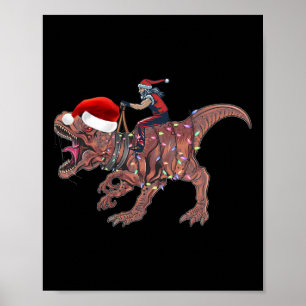 サンタが恐竜 ティラノサウルスに乗る クリスマス 少年 男性 Xmas ポスター